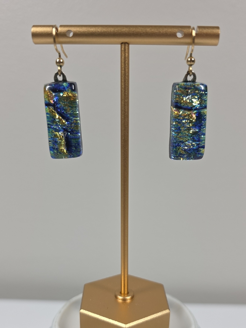 Handmade Dichroic Glass Drop Earrings in Blue and Gold